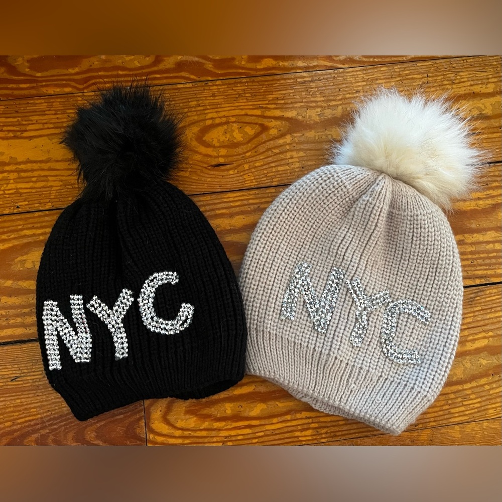 NYC Pom-Pom Beanie Set - Black & Cream Hats set of 2